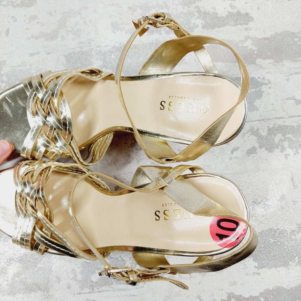 New Guess Project Gold Platform Cork Wedge Sandals B457 - Picture 11 of 13